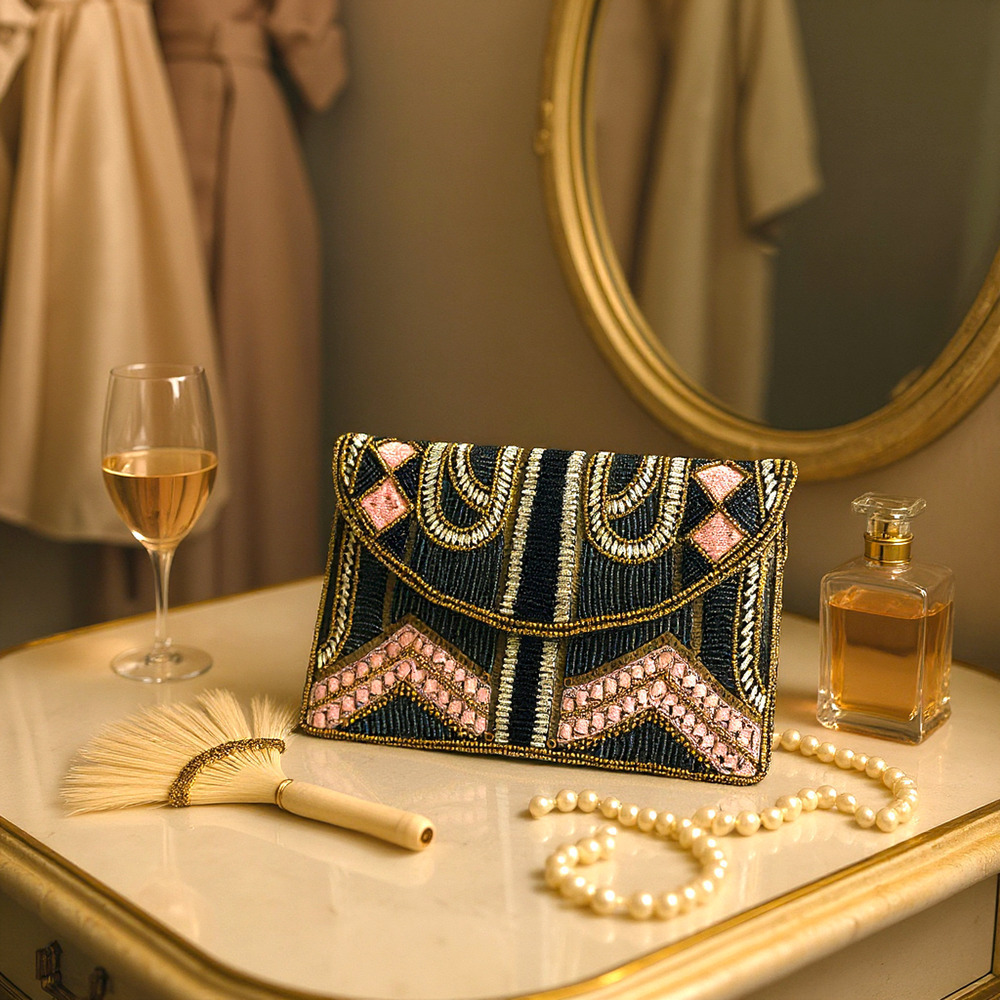 Gorgeous Beaded India Envelope Clutch Purse Convertible Chain Strap Black Pink